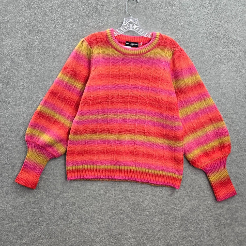 Karl Lagerfeld Women Sweater Medium Pink Striped Ribbed Neck Balloon Sleeve